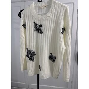 Inna Cream Knit Sweater Patchwork Detail Long Sleeve Women's Size M
